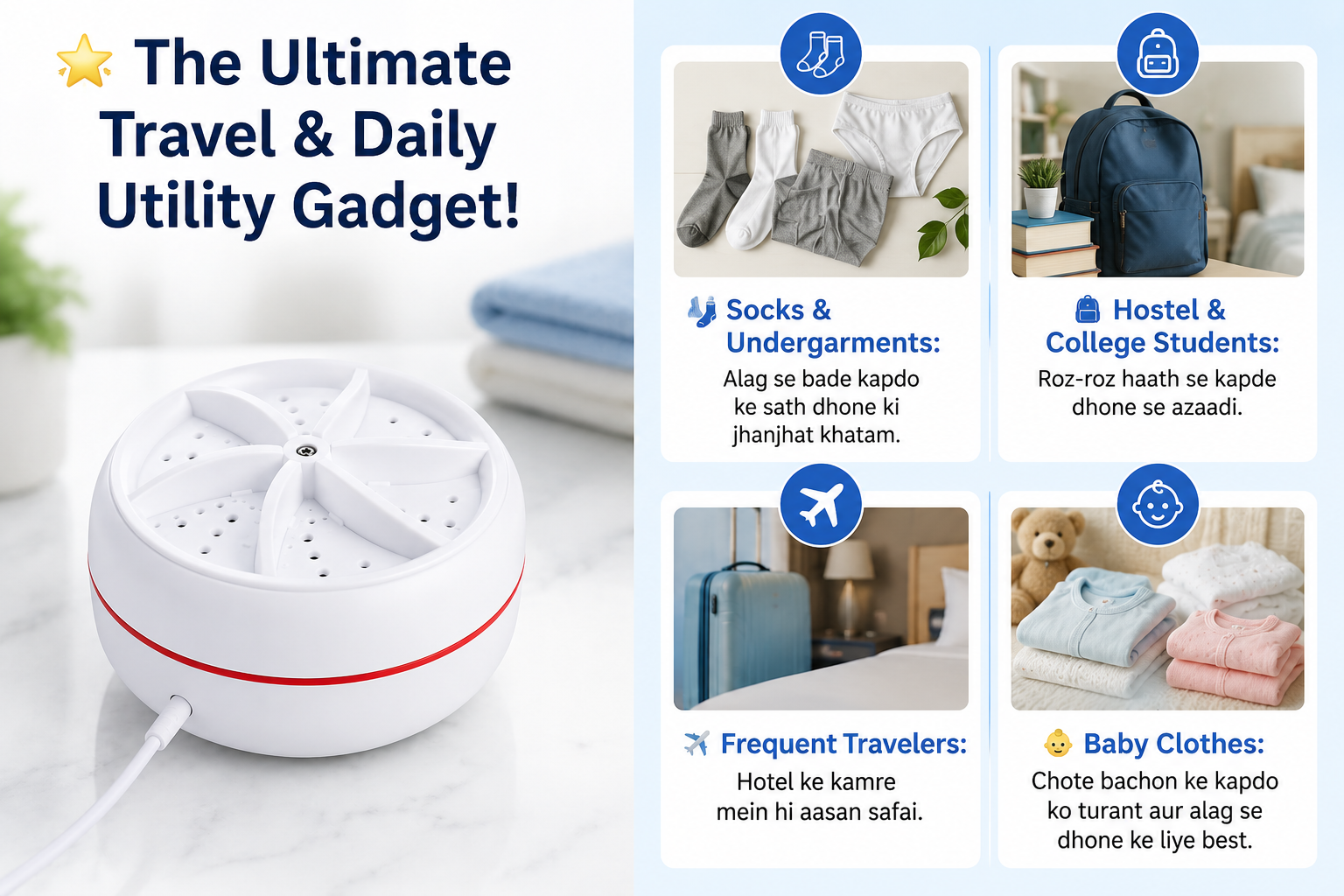 Portable Mini Ultrasonic Washing Machine – USB Powered Washer for Socks, Baby Clothes & Travel Laundry