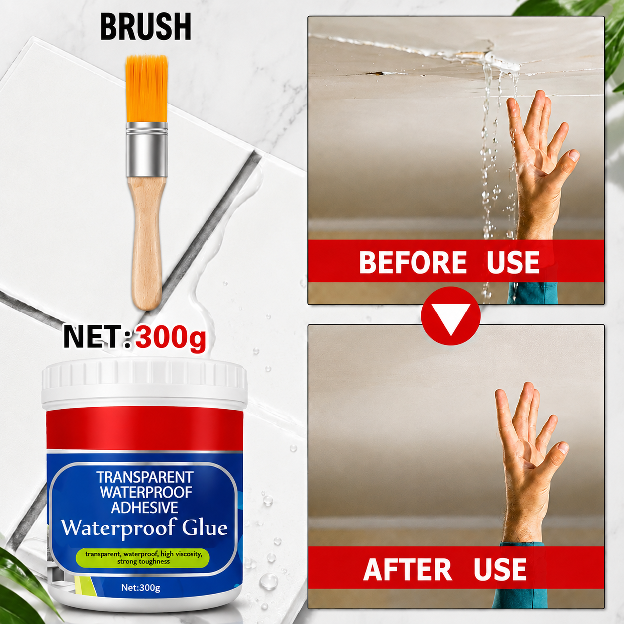 Transparent Waterproof Glue Gel 600g Total (Buy 1 Get 1 FREE) + Free Brush